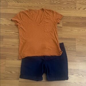 Orange Madewell V-Neck T-Shirt and Navy topman button fly Shorts Set Bundle